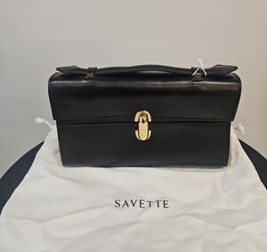 Savette Black Leather Top-Handle Briefcase with Gold Clasp